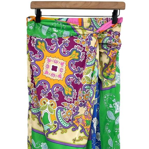 Bailey 44 Colorful Patchwork Satin Knotted Waist Front Slit Midi Pencil Skirt - Picture 6 of 11